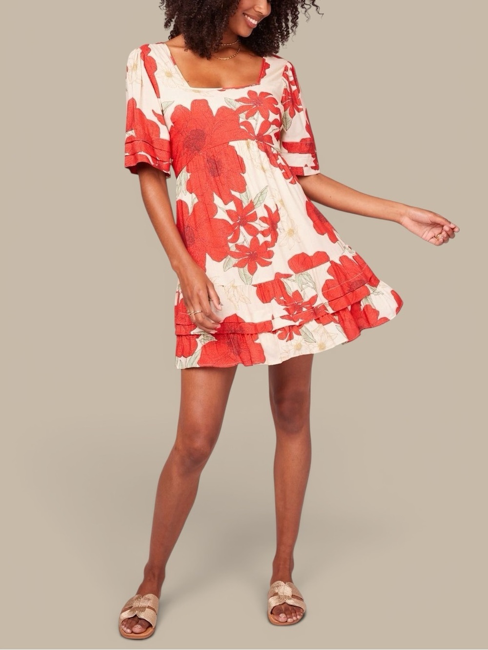 B.O.G Collective Floral Red/Cream Poppy Print Square Neck Ruffle Hem Mini Dress - Picture 7 of 7